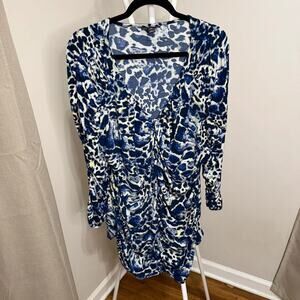 Fashion Bug Women’s 2XL Ruched Tunic Top Blue White Animal Print